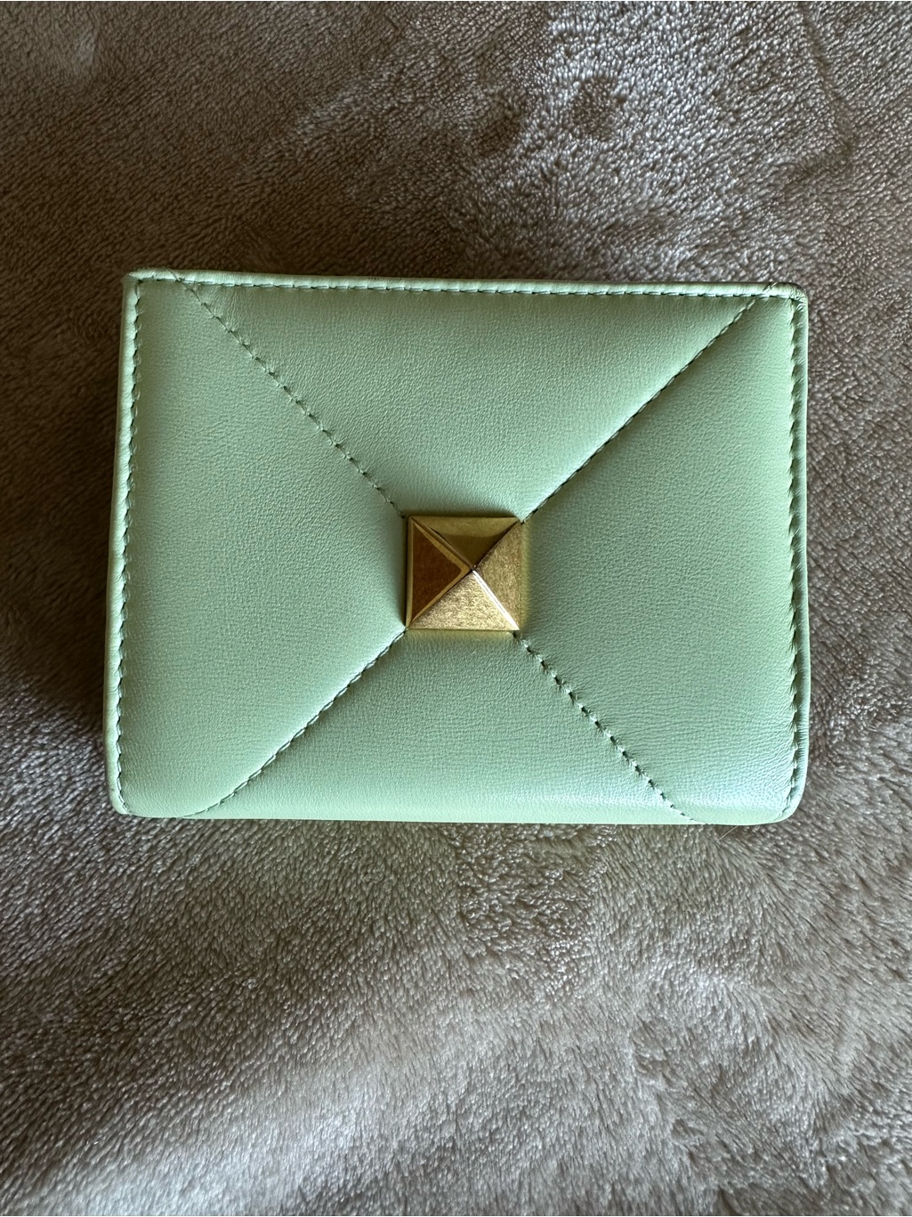 Mint Green Valentino Quilted Wallet With Gold Stud Accent